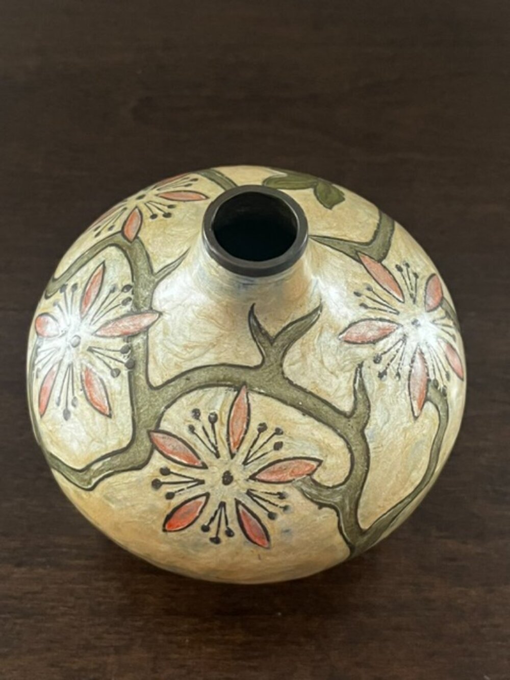 Brass Vase Enamel Overlay Floral Vine Design Metal Pink Green - Picture 5 of 6